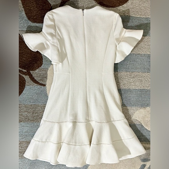 Rebecca Taylor Flirty White V-Neck Diamond Texture Flounced A-line Dress - Picture 6 of 10